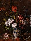 Karl Pierre Daubigny Floral still life in a blue and white porcelain vase painting
